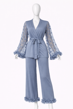 Ensemble Nuit Élégance Bleu Brume Satin & Voile