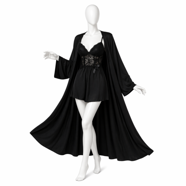 Ensemble Nuisette & Kimono Noir Élégance Nuit