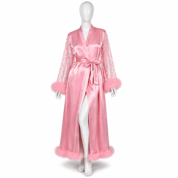 Kimono Satin Rose & Plumes Glamour Élégance