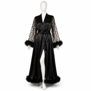 Kimono Satin Noir & Plumes Nuit Glamour