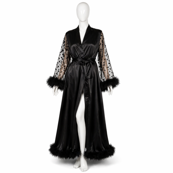 Kimono Satin Noir & Plumes Nuit Glamour