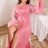 Kimono Satin Rose & Plumes Glamour Élégance