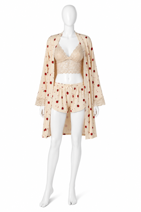 Ensemble Pyjama 3 Pièces Fleuri Dentelle & Kimono Élégance