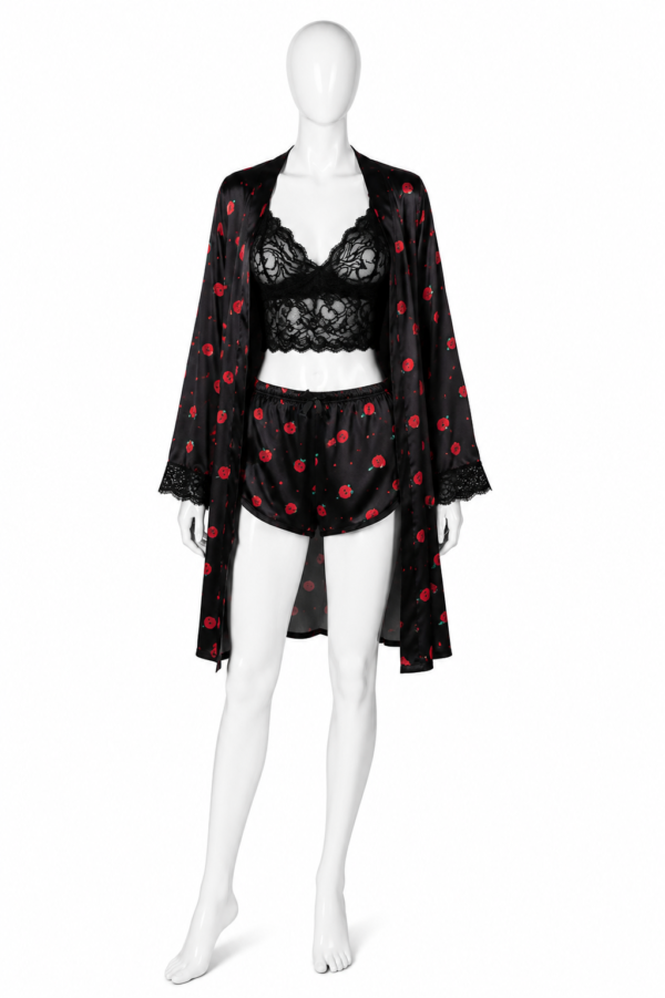 Ensemble Pyjama Satin Noir à Imprimé Floral Rouge – 3 Pièces Ensemble Pyjama Satin Noir à Imprimé Floral Rouge – 3 Pièces