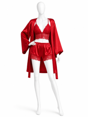 Ensemble Passion Rouge – Satin & Dentelle 3 Pièces