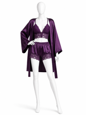 Ensemble Nuit Royale Violet – Satin & Dentelle 3 Pièces