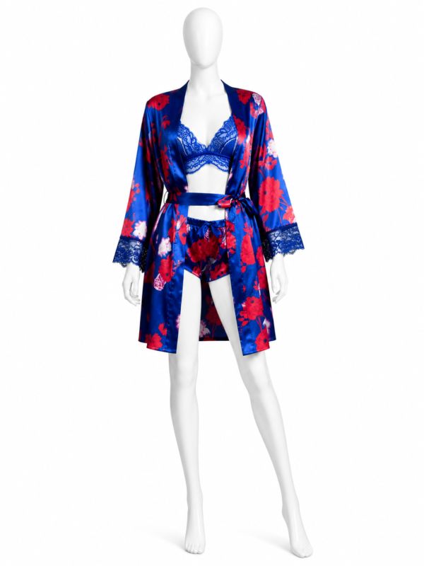 Kimono Satin Bleu Royal Floral