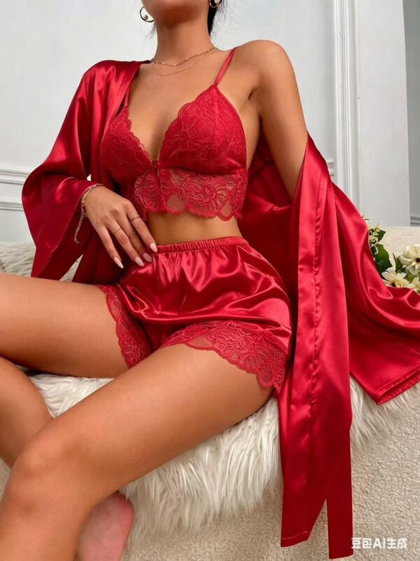 Ensemble Passion Rouge – Satin & Dentelle 3 Pièces
