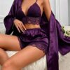 Ensemble Nuit Royale Violet – Satin & Dentelle 3 Pièces
