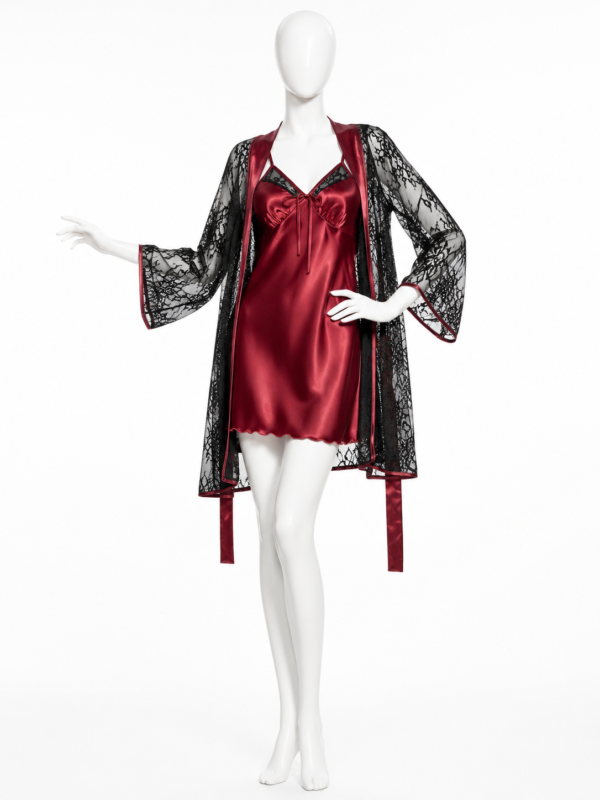 Ensemble Satin Impérial – Nuisette & Kimono en Dentelle