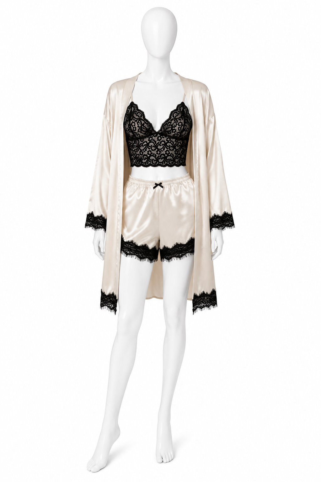 Ensemble Ivoire Royale – Kimono Satin, Brassière & Short en Dentelle