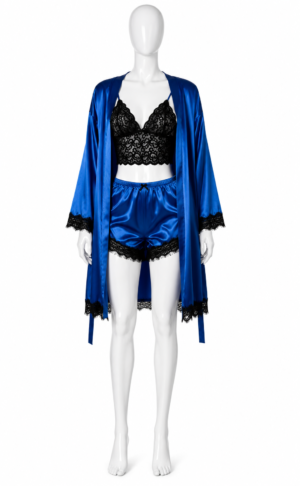 Ensemble Saphir Élégance – Kimono Satin, Brassière & Short en Dentelle Ensemble Saphir Élégance – Kimono Satin, Brassière & Short en Dentelle