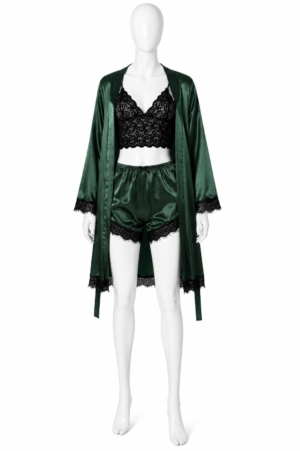 Ensemble Émeraude Luxe – Kimono Satin, Brassière & Short en Dentelle