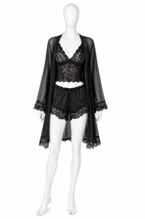 Ensemble Pyjama Dentelle Noir 3 Pièces – Caraco, Short & Kimono Ensemble Pyjama Dentelle Noir 3 Pièces – Caraco, Short & Kimono