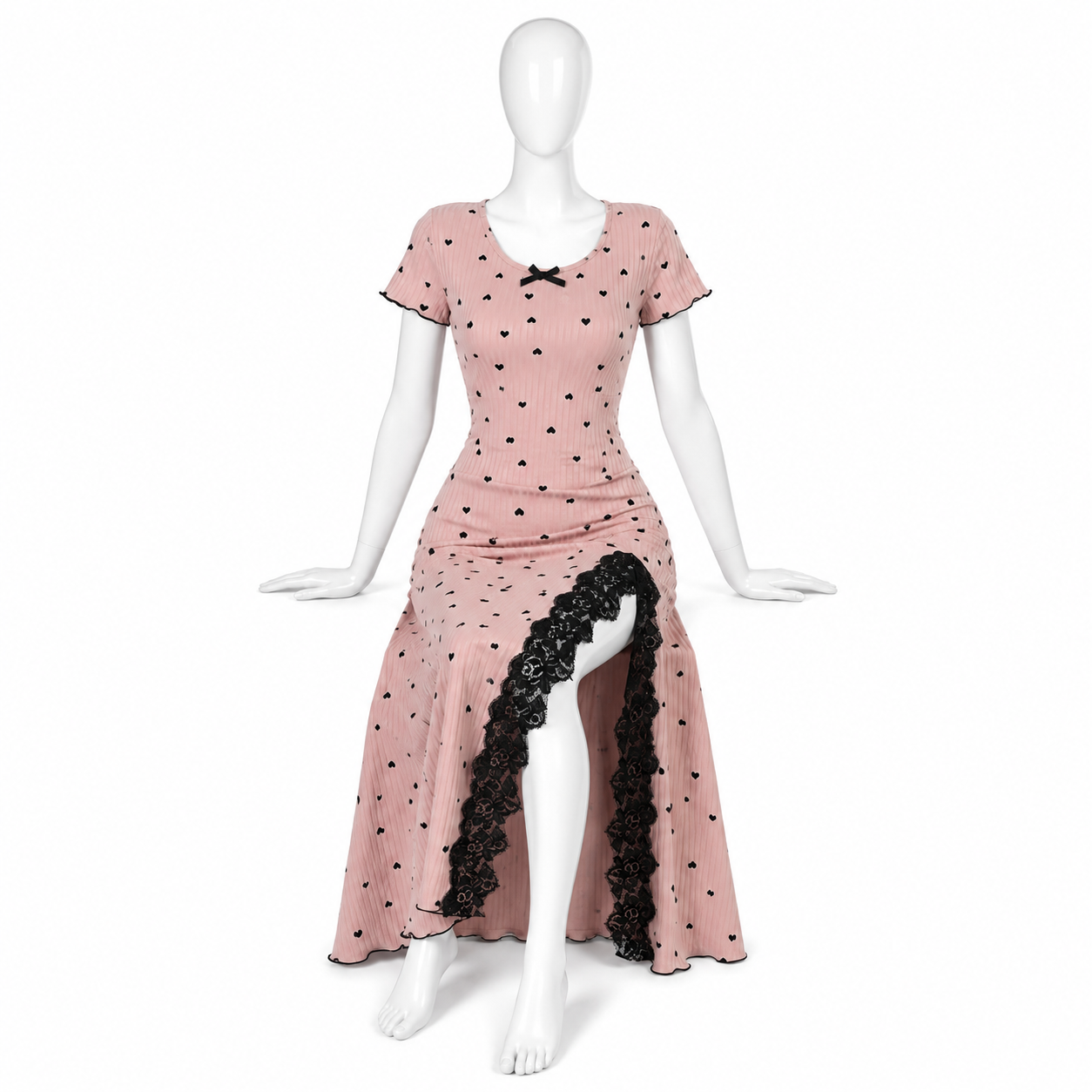 Nuisette Longue Rose à Motifs Cœurs – Douceur & Élégance