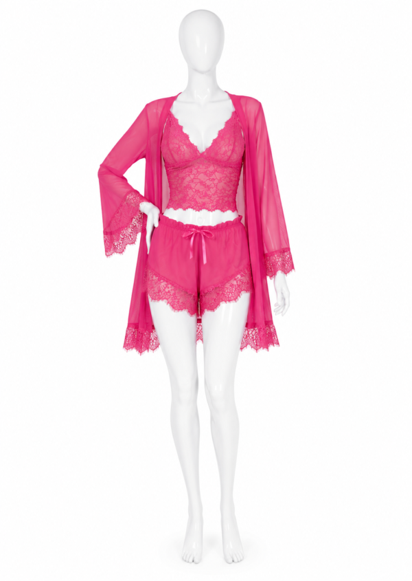 Ensemble Pyjama Dentelle Fuchsia 3 Pièces – Caraco, Short & Kimono