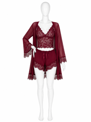 Ensemble Pyjama Dentelle Bordeaux 3 Pièces – Caraco, Short & Kimono Ensemble Pyjama Dentelle Bordeaux 3 Pièces – Caraco, Short & Kimono