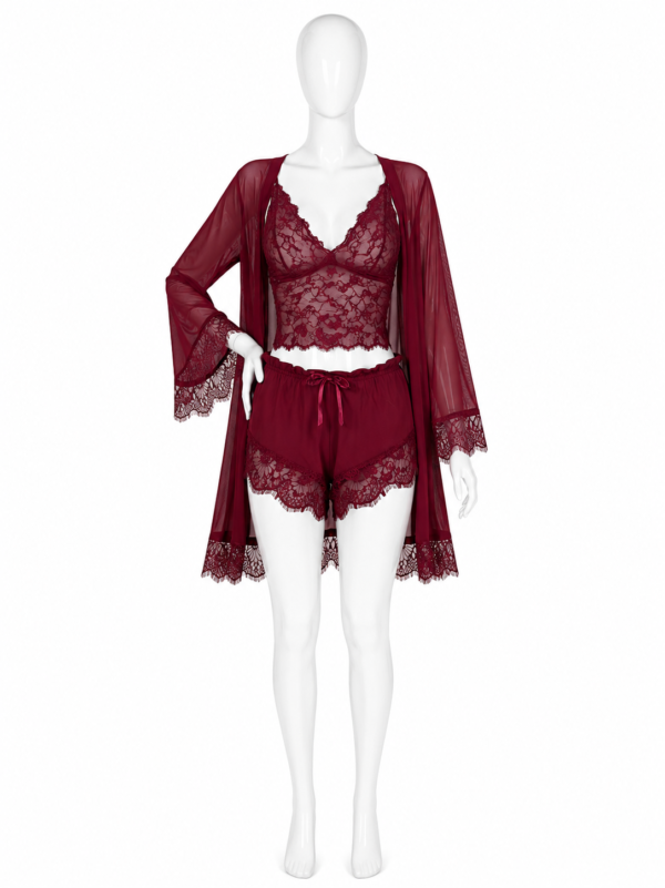 Ensemble Pyjama Dentelle Bordeaux 3 Pièces – Caraco, Short & Kimono