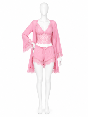 Ensemble Pyjama Dentelle Rose 3 Pièces – Caraco, Short & Kimono Ensemble Pyjama Dentelle Rose 3 Pièces – Caraco, Short & Kimono