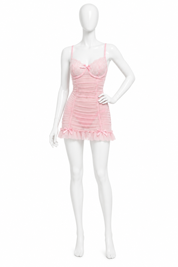 Robe Babydoll Romantique en Dentelle Transparente – Rose Poudré