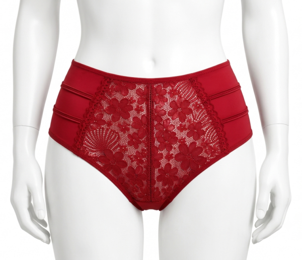 Slip Taille Haute en Dentelle Florale – Rouge