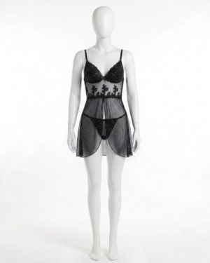 Nuisette Étoile Scintillante – Babydoll en Dentelle Transparente Noir Élégance Nuisette Étoile Scintillante – Babydoll en Dentelle Transparente Noir Élégance