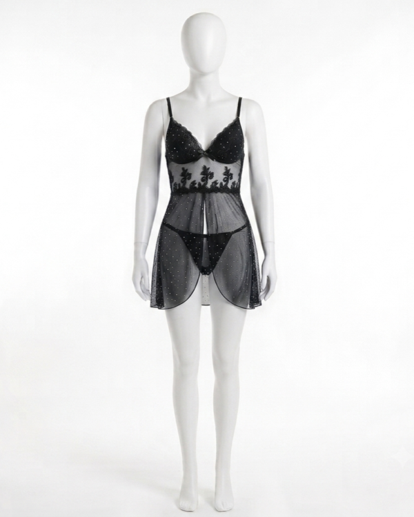 Nuisette Étoile Scintillante – Babydoll en Dentelle Transparente Noir Élégance