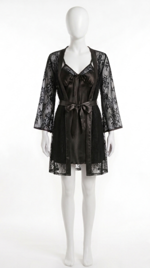 Ensemble Nuit Éternelle – Nuisette Satin & Kimono en Dentelle Ensemble Nuit Éternelle – Nuisette Satin & Kimono en Dentelle