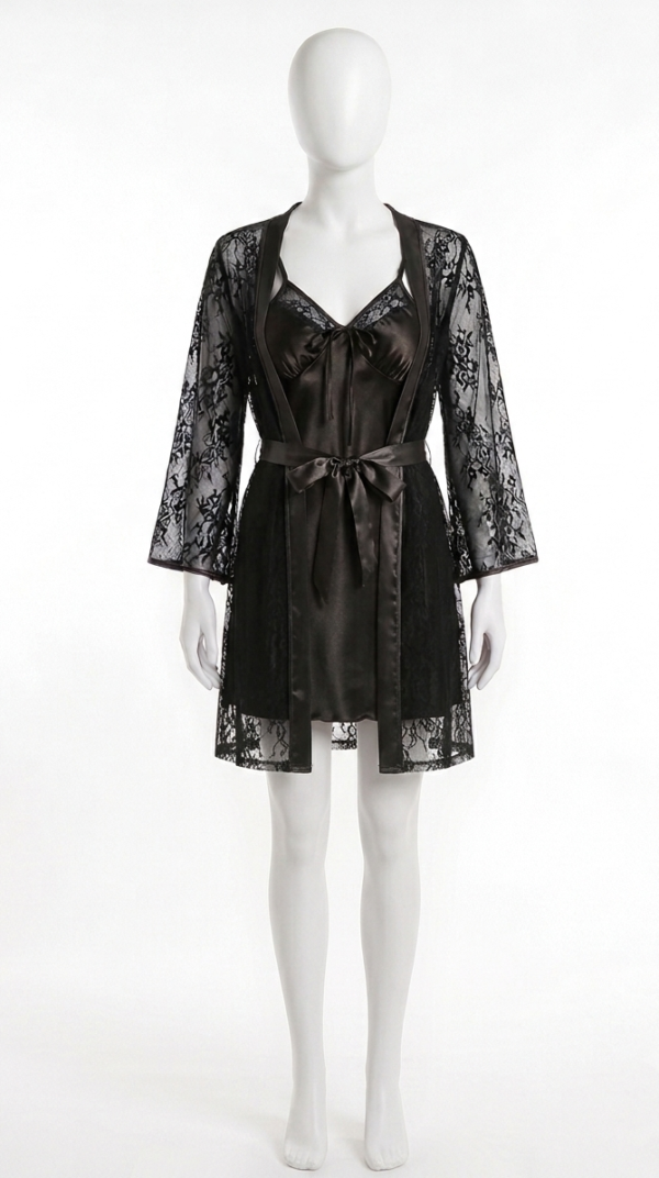 Ensemble Nuit Éternelle – Nuisette Satin & Kimono en Dentelle