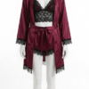 Ensemble Bordeaux Élégance – Kimono Satin, Brassière & Short en Dentelle