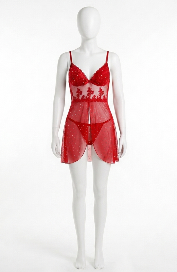 Nuisette Étoile Scintillante – Babydoll en Dentelle Transparente Rouge Passion