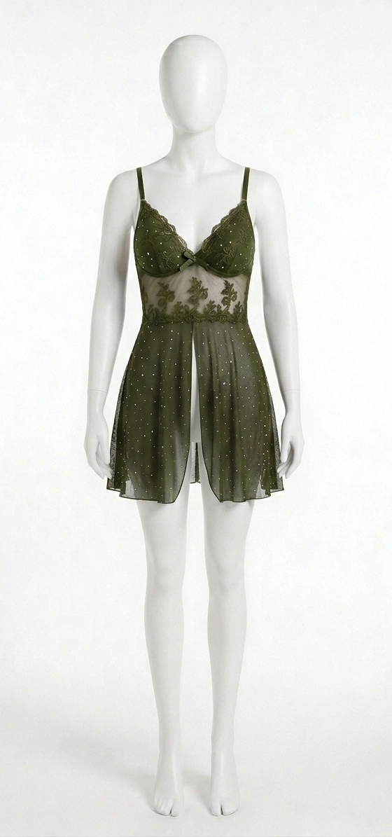 Nuisette Étoile Scintillante – Babydoll en Dentelle Transparente Vert Émeraude