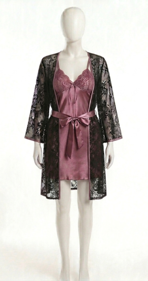 Ensemble Moka Satin – Nuisette & Kimono en Dentelle Ensemble Moka Satin – Nuisette & Kimono en Dentelle