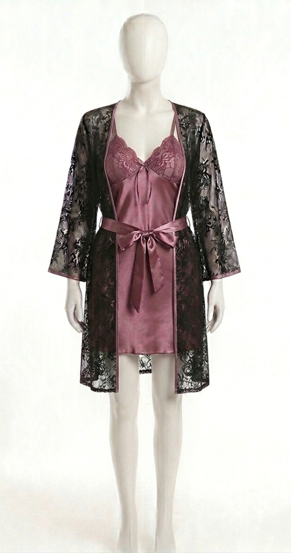 Ensemble Moka Satin – Nuisette & Kimono en Dentelle