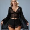 Ensemble Pyjama Dentelle Noir 3 Pièces – Caraco, Short & Kimono