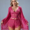 Ensemble Pyjama Dentelle Fuchsia 3 Pièces – Caraco, Short & Kimono