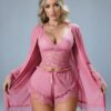 Ensemble Pyjama Dentelle Rose 3 Pièces – Caraco, Short & Kimono Ensemble Pyjama Dentelle Rose 3 Pièces – Caraco, Short & Kimono