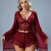 Ensemble Pyjama Dentelle Bordeaux 3 Pièces – Caraco, Short & Kimono
