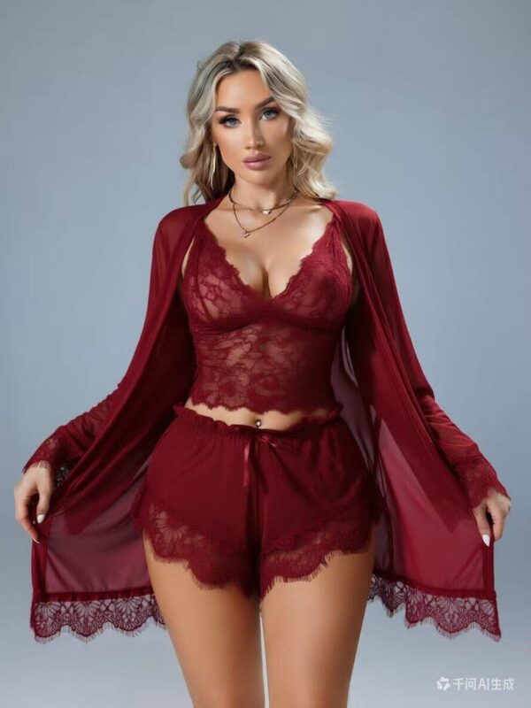 Ensemble Pyjama Dentelle Bordeaux 3 Pièces – Caraco, Short & Kimono