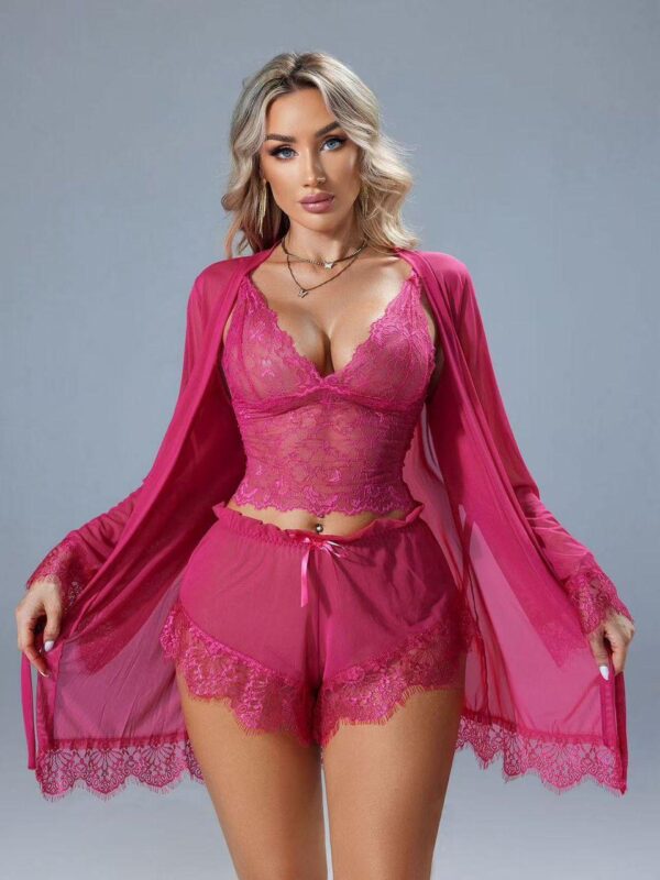Ensemble Pyjama Dentelle Fuchsia 3 Pièces – Caraco, Short & Kimono