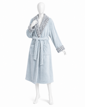 Peignoir Bleu Ciel à Col Léopard & Ceinture Peignoir Bleu Ciel à Col Léopard & Ceinture