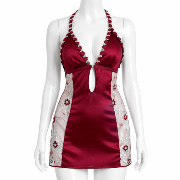 Ensemble 2 Pièces Bordeaux Satin & Voile Fleuri
