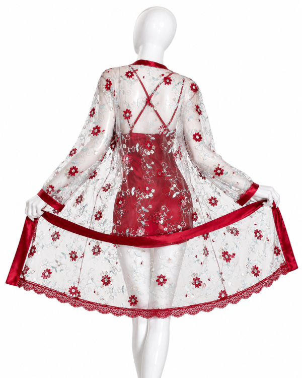 Ensemble 2 Pièces Bordeaux Satin & Voile Fleuri