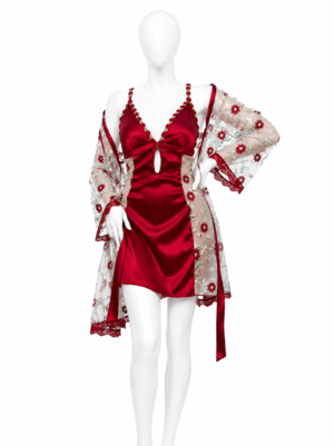Ensemble 2 Pièces Bordeaux Satin & Voile Fleuri