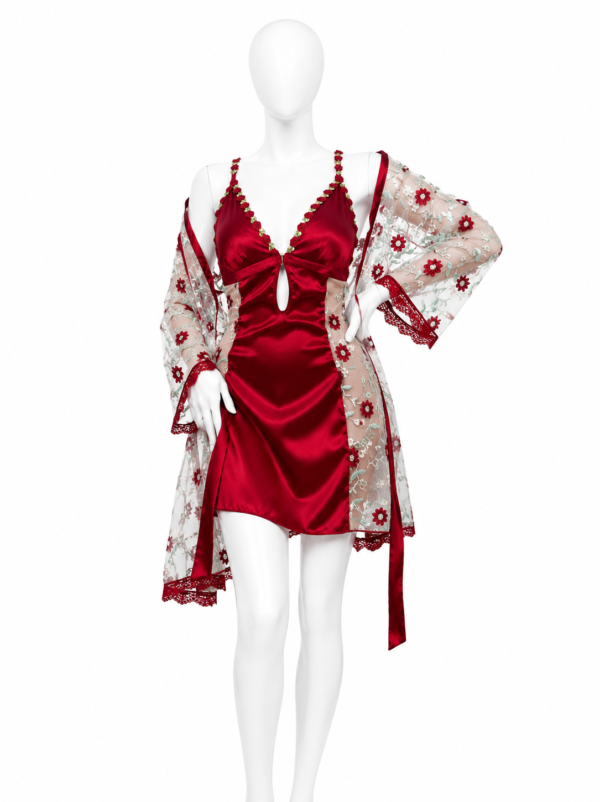 Ensemble 2 Pièces Bordeaux Satin & Voile Fleuri
