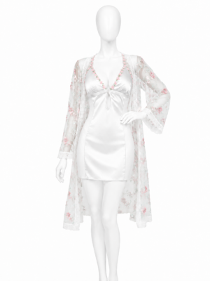 Ensemble 2 Pièces Blanc Satin Jardin Fleuri