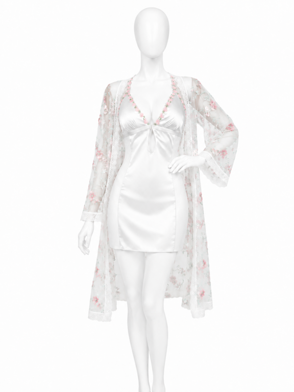 Ensemble 2 Pièces Blanc Satin Jardin Fleuri