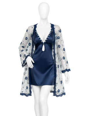 Ensemble 2 Pièces Bleu Nuit Satin & Voile Fleuri