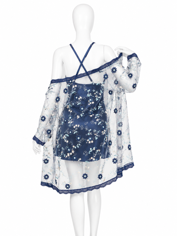 Ensemble 2 Pièces Bleu Nuit Satin & Voile Fleuri