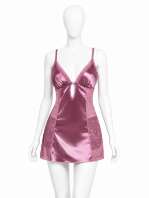 Nuisette Courte Rose Mauve Satin & Dentelle